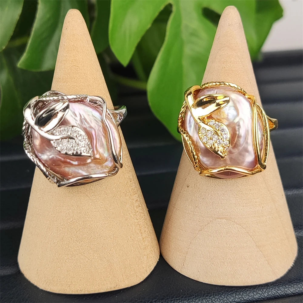 Elegant Ladies Jewelry Wrapped Gold Plated Natural Fresh Water Purple Baroque Paved Rhinestone Adjustable Ring Real Pearl Rings