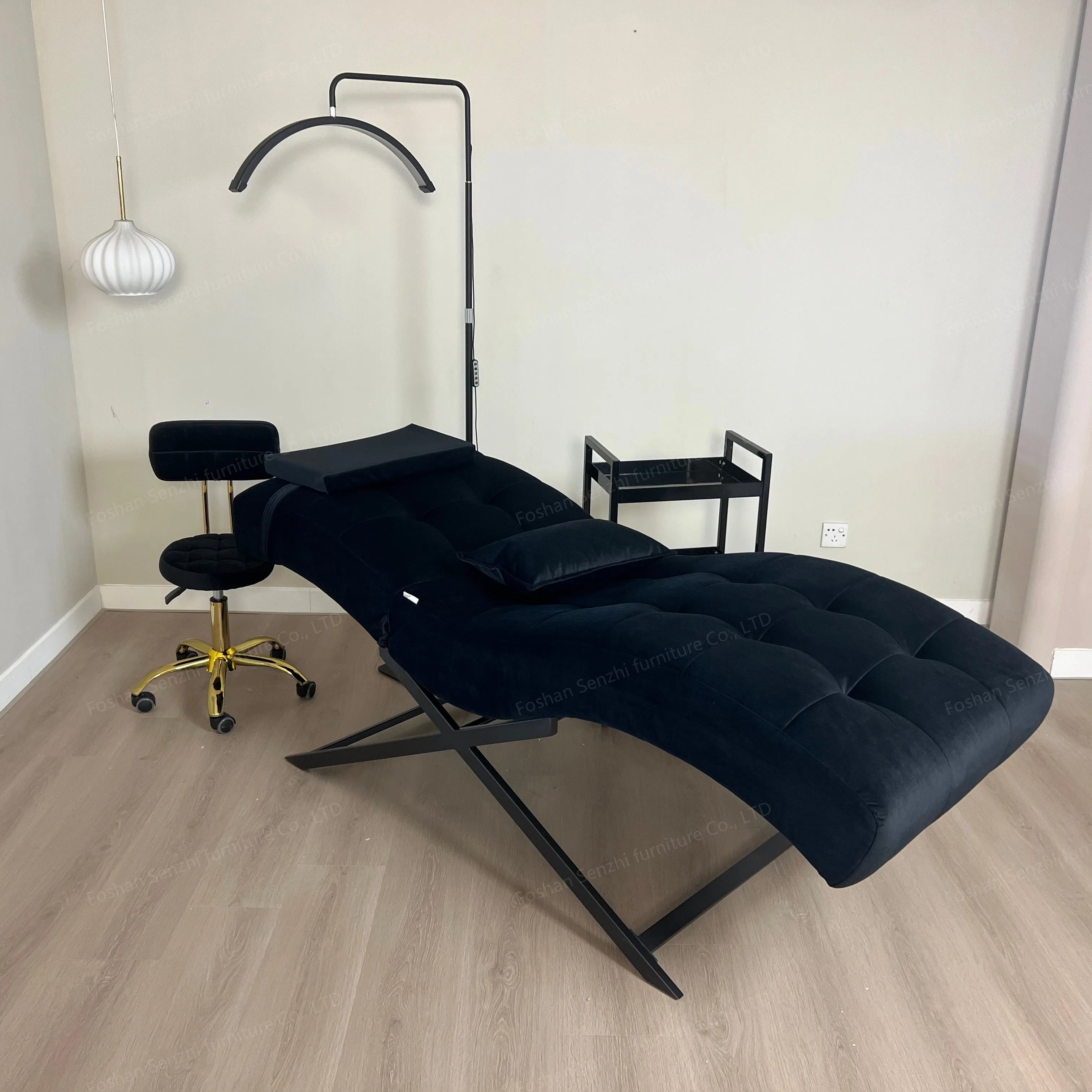 Modern Luxury Lash Bed Massage Table Beauty Salon Leather Gold Stainless Steel Basebase Curved Eyelash Bed