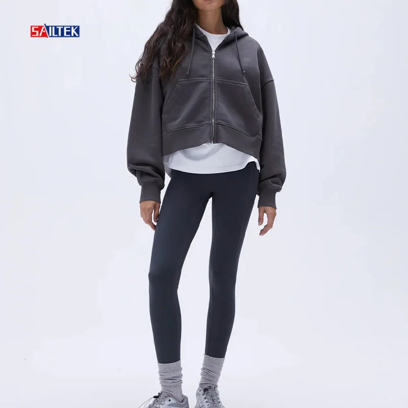 Custom Woman Gym Clothing Yoga Pants Set Activewear Fitness Workout 2 Piece Cropped Zip up Hoodie and Leggings Set