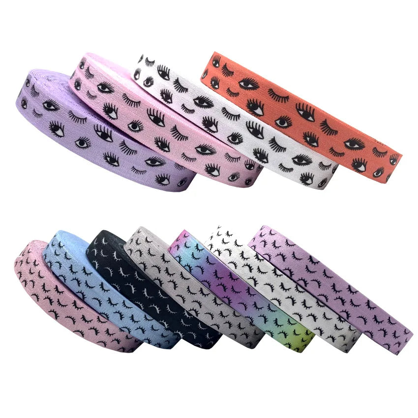 12 Colors Wholesale Pink Eyelash Print Fold Over Elastic Webbing 16mm Eyelashes FOE Ribbon for Girls Hair Band DIY Headwear
