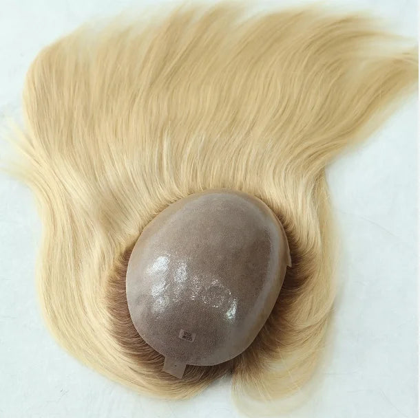 HQ Skin Toupee Root Color 8 with Color 25 100% Human Hair Women Wig
