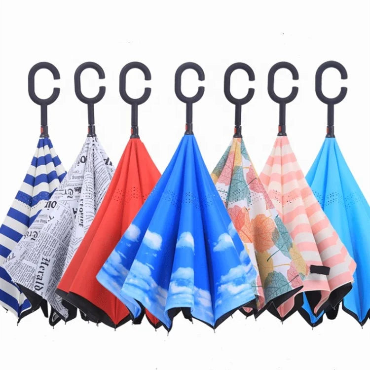 Custom Printed Logo Double Layer C Handle Upside Down Hands-Free Advertising Windproof Waterproof Umbrella