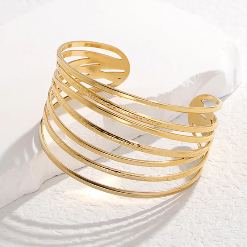 Ins French Hot Selling Women Party Textured Stainless Steel Big Wide Cuff Bangle
