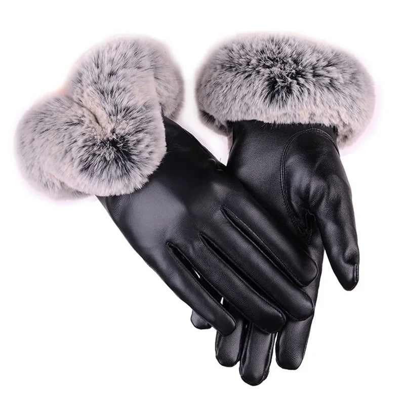 Sample Support Women's Winter Leather Gloves Full-Finger Windproof Driving Mittens with Touch Screen Compatibility Warm Fur