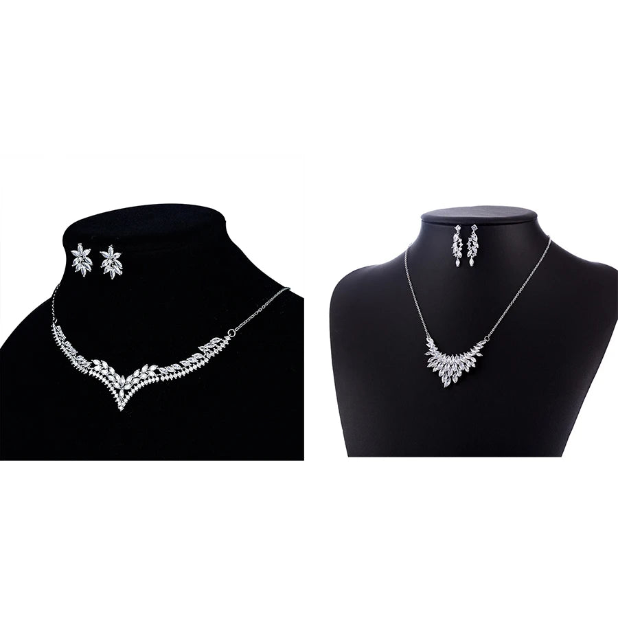 Bride Luxury Crystal Jewelry Set Rhodium Plated Long Earrings and Statement Necklace for Party or Wedding Dress