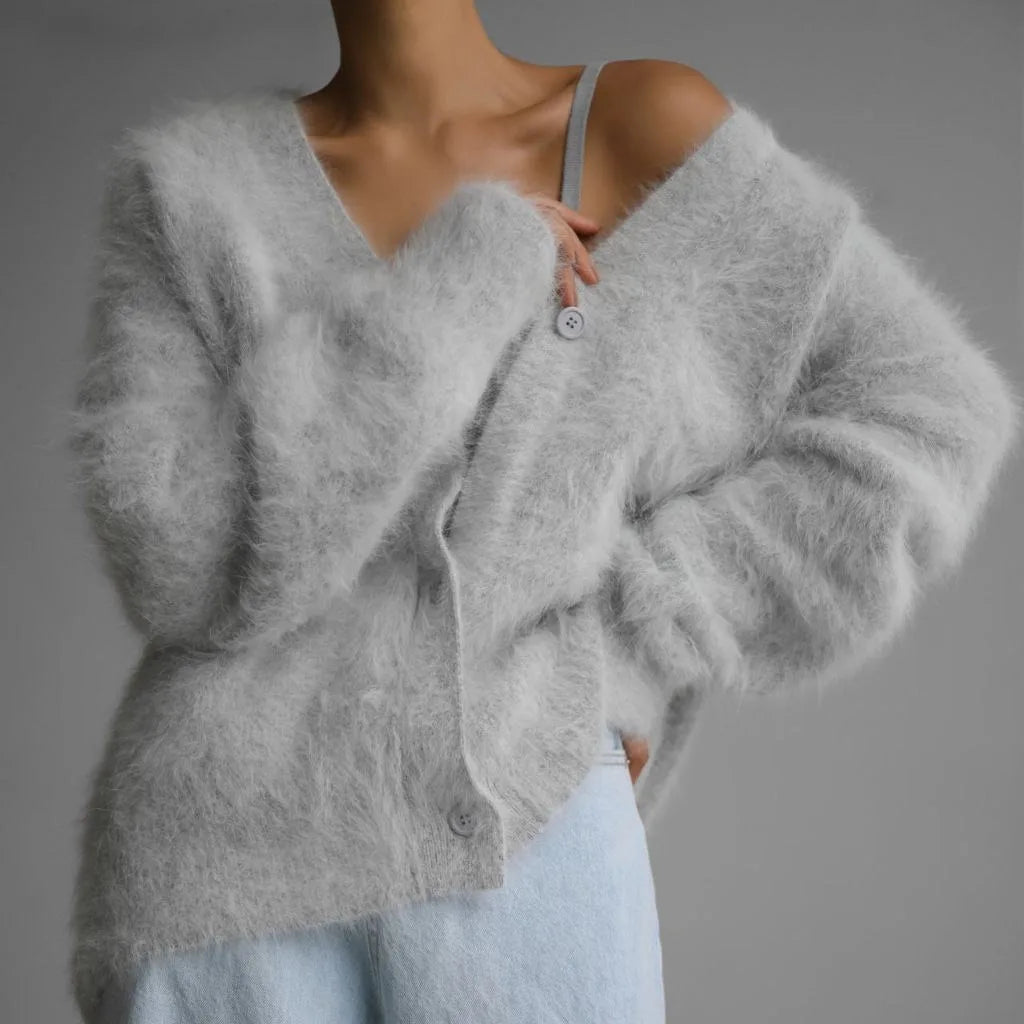 Enyami Autumn Winter Long Sleeve V Neck Women Lazy Loose Sweater Jacket Coat Soft Long-Sleeved Knitwear Cardigan