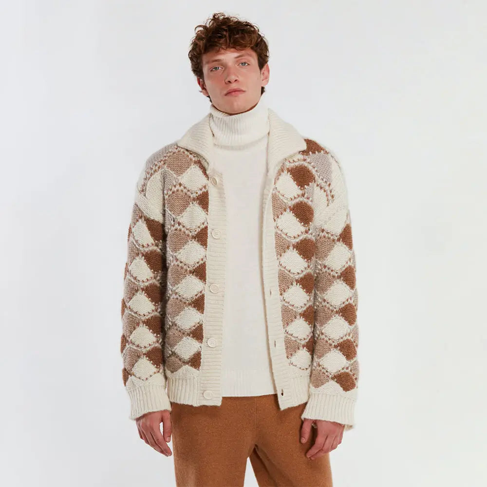 2026 Factory Custom Oversized Mens Button Knitted Cardigan Sweaters Checkered Cotton Jacquard Sweater Cardigan for Men