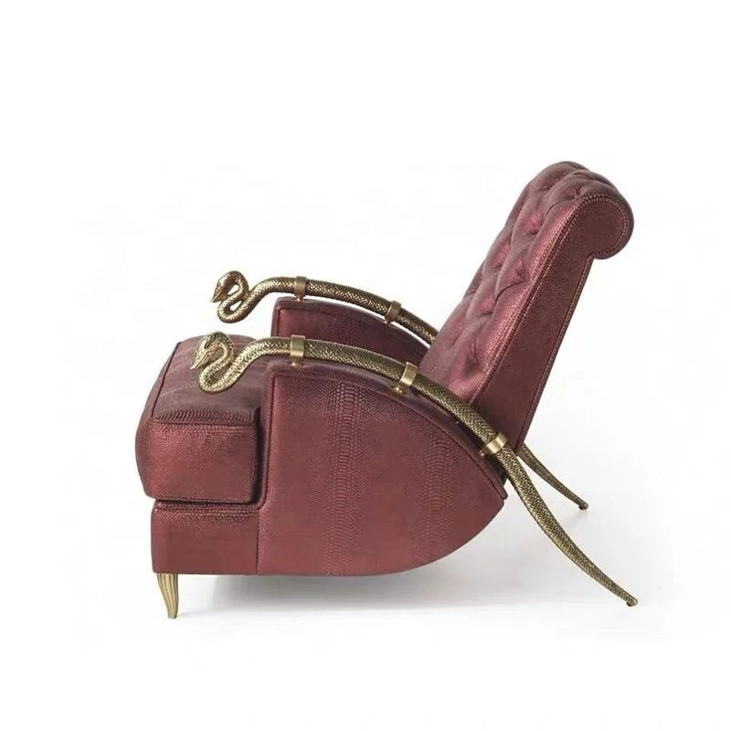 Luxury 24K Gold Snake Armrest Single Sofa Chair Red Leather Upholstered Lounge Chair for Home Villa Wood Velvet Metal Material