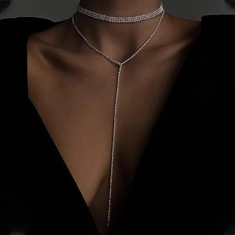 Gold Simple Long Tassel Rhinestone Necklaces New Multi-layer Choker Accessories for Party Anniversary Fashionable Gift Ideas