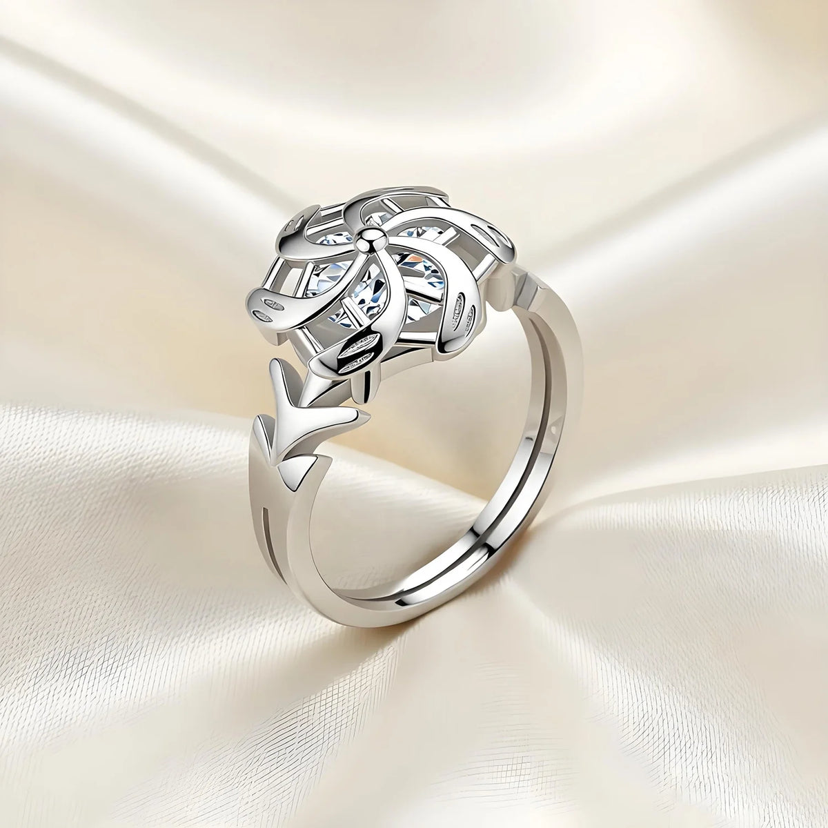 Trendy Windmill Rotation Ring Inset Shiny Cubic Zircon Ring for Women Wedding Engagement Daily Wear Flower Ring Jewelry MegaBDM