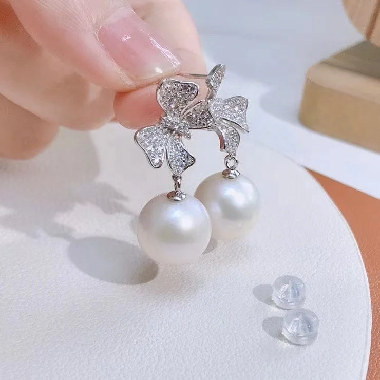 E346 11-12mm DIY Natural  Freshwater Pearl Charm Earrings Mounting Accessory 925 Sterling Silver Gold Plated  Jewelry for Women