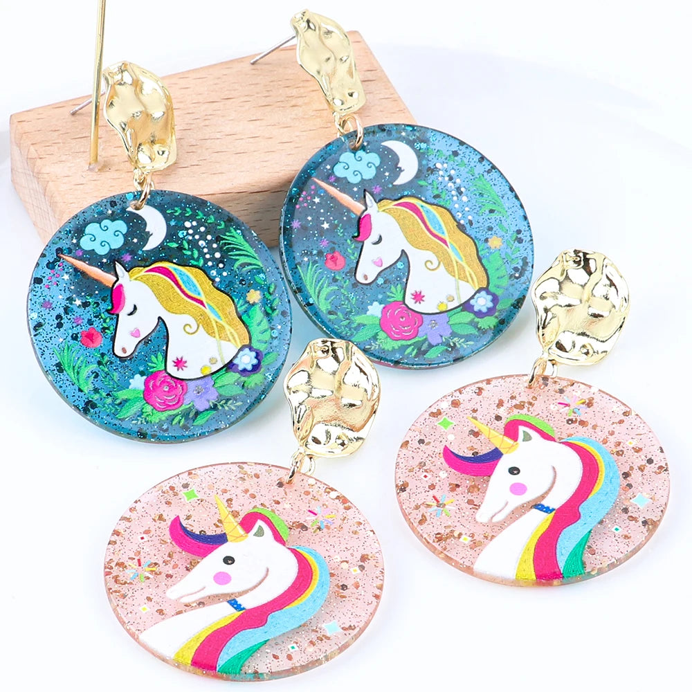 2024 Fantastic Jewelry Printed unicorn Sequins Cute Girls Children Acrylic Earrings
