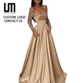 OEM Service Shoulder Gold Sequin Evening Dresses Formal Prom Gowns Ruched Ruffled Waistline Patchwork Wholesale for Birthday