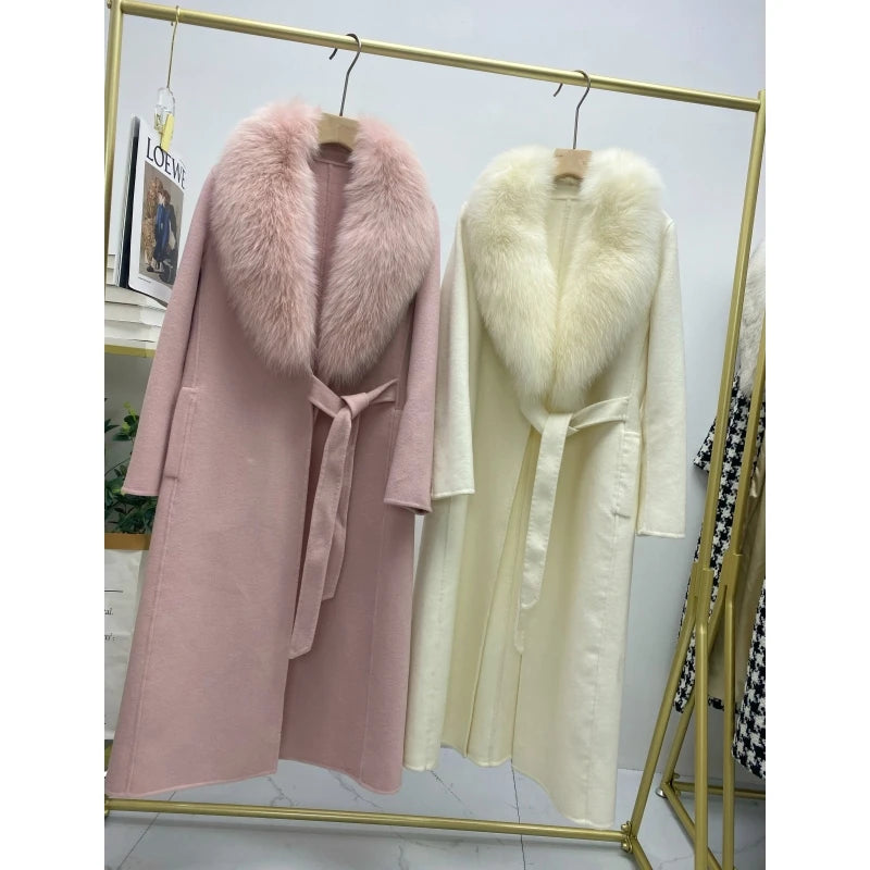 New Fashion Long Cashmere Coat With Real Fox Fur Collar Winter Elegant Wool Fur Jackets for Women