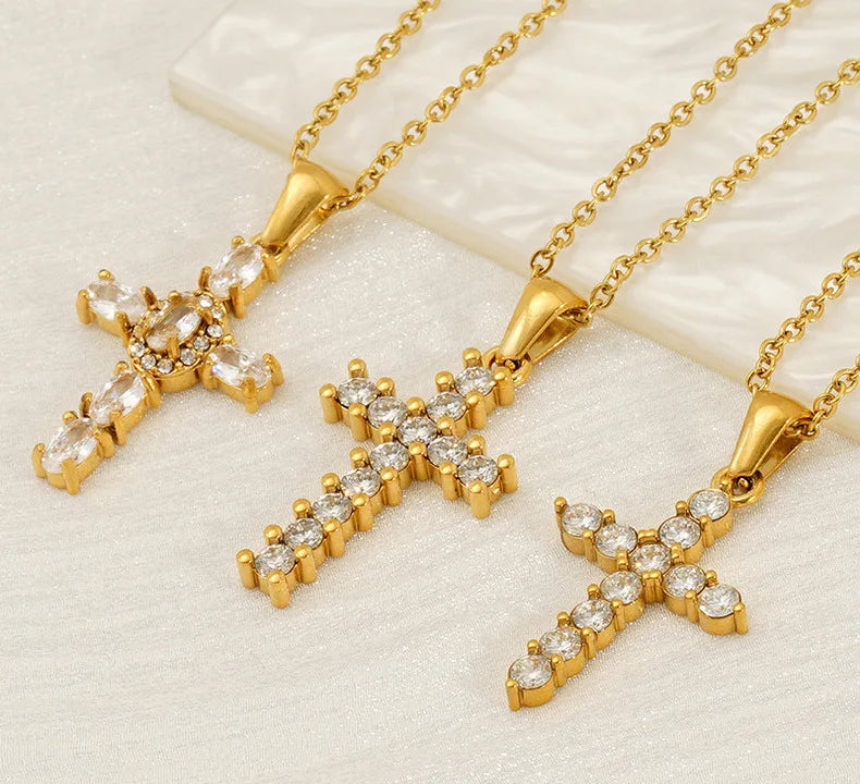Christianity Cross Necklace Stainless Steel Gold Plated Religious Jewelry Waterproof CZ Chains Stylish and Durable Neckpiece