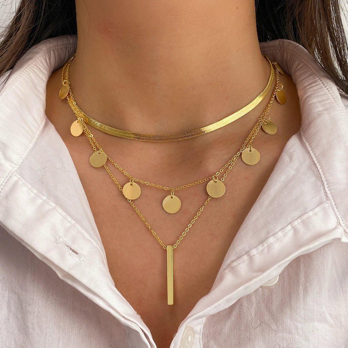 Fashion New Design Round Sequin Rectangular Bar Multi Layer Necklace for Women Jewelry