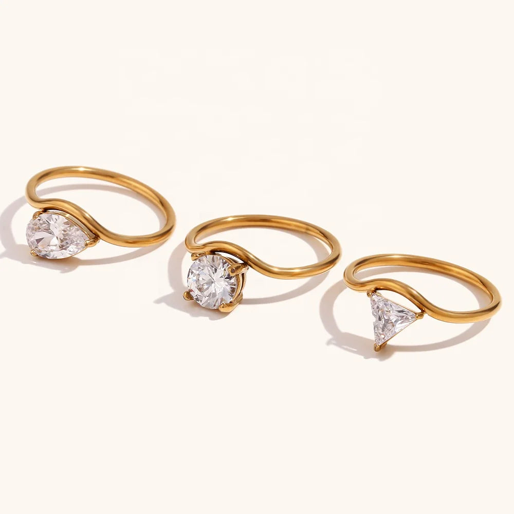 Dingran Top Quality Shining Zircon Water Wave Rings Gold Plated Stainless Steel Wedding Engagement Rings