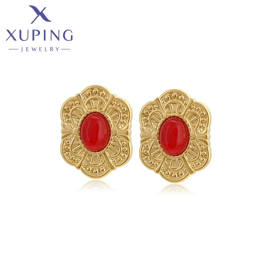 XUPING T000941011 Red Artificial Diamond Stainless Steel Jewelry Rural Style Female Fashion Simple 14K Gold Color Earring