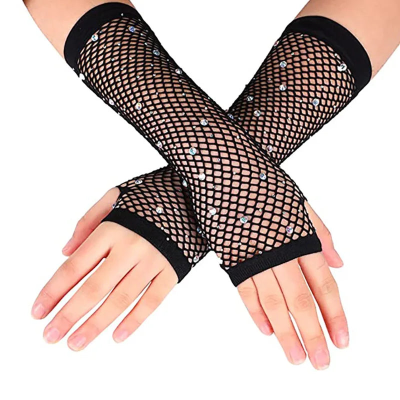 Sexy Lady Fishnet Long Fingerless Nylon Spandex Gloves With Mesh & Rhinestone for Women