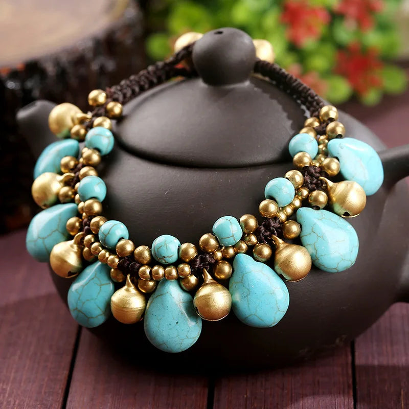 Bohemian Geometric Summer Jewelry Turquoise Water Drop Copper Bell Wax String Braided Bracelet for Women's Anniversary Vacation