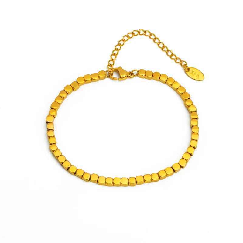Adjustable Brushed Square Gold Plated Stainless Steel Bead Bracelet Flat Square Beads Waterproof Bracelet for Gift