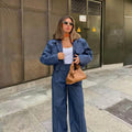 Spring New Chic Blue Suits Set for Women Crop Jacket Blazer and Pants Set Two Piece