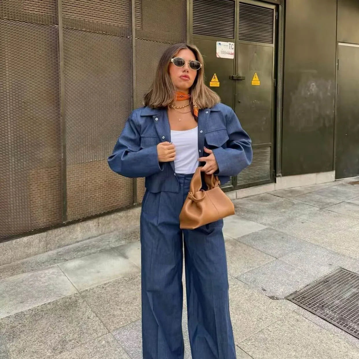 Spring New Chic Blue Suits Set for Women Crop Jacket Blazer and Pants Set Two Piece