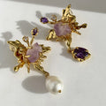 Vintage Gold Plated Brass Asymmetric Butterfly Pearl Earrings Vintage Purple Stone Zircon Butterfly Pendant Earrings