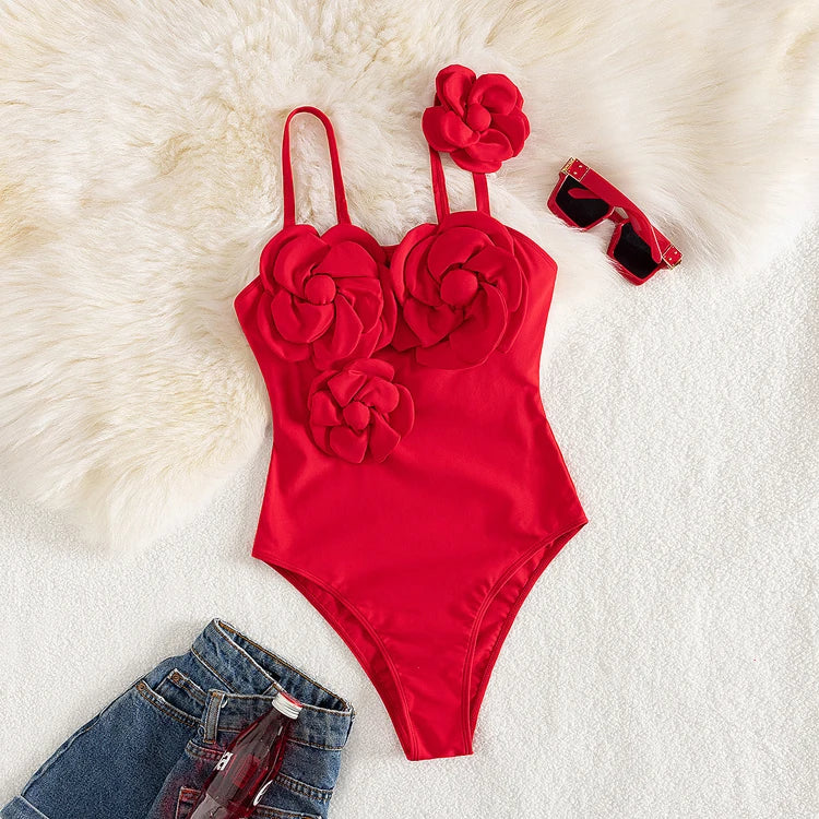 Wholesale Red Floral Bikini 3D Floral One Piece Swimsuit Sexy High Cut Fitness Swimwear