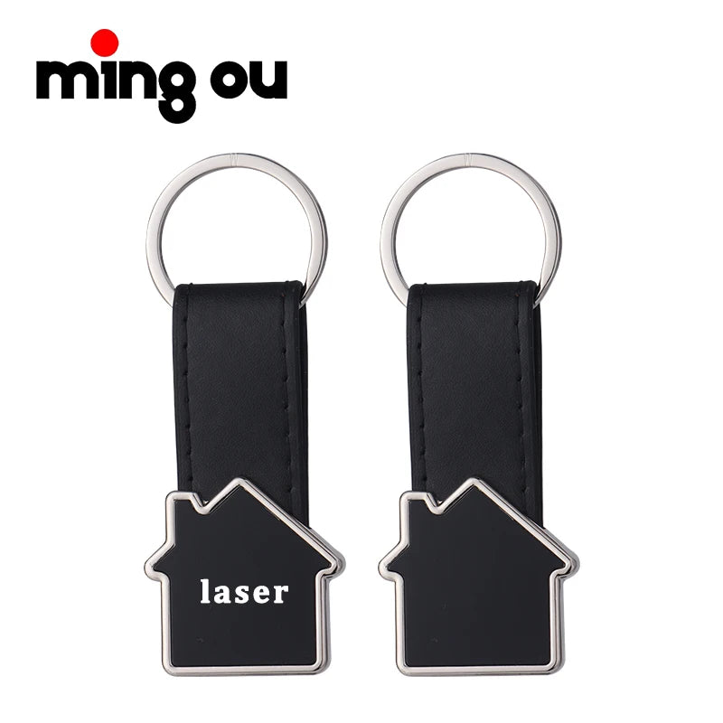 Custom Logo Key Holder Chains Metal House Key Tag Leather Key Chains Laser Engraving Keychain