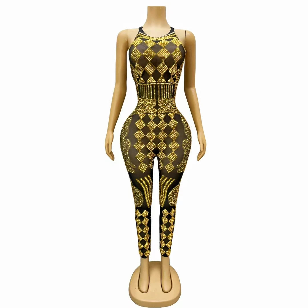 Gold Rhinestone Plus Size Bodysuit Festival Clothing Gogo Dancer Costumes Stage Performance Rompers Women Club Party Jumpsuits