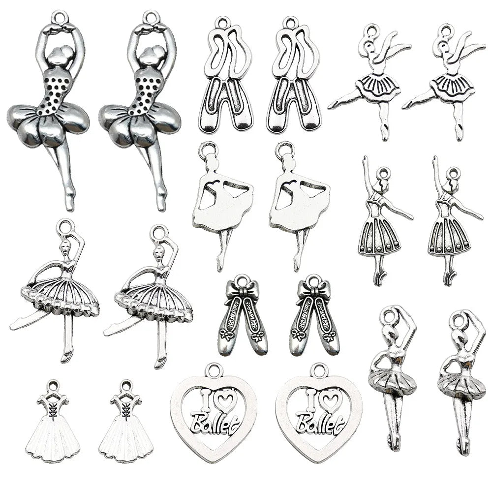 Ballerina and Pointe Shoe Charms Assorted Ballet Tutu Motifs Antique Silver Zinc Alloy for Dance Recital Keepsake MegaBDM