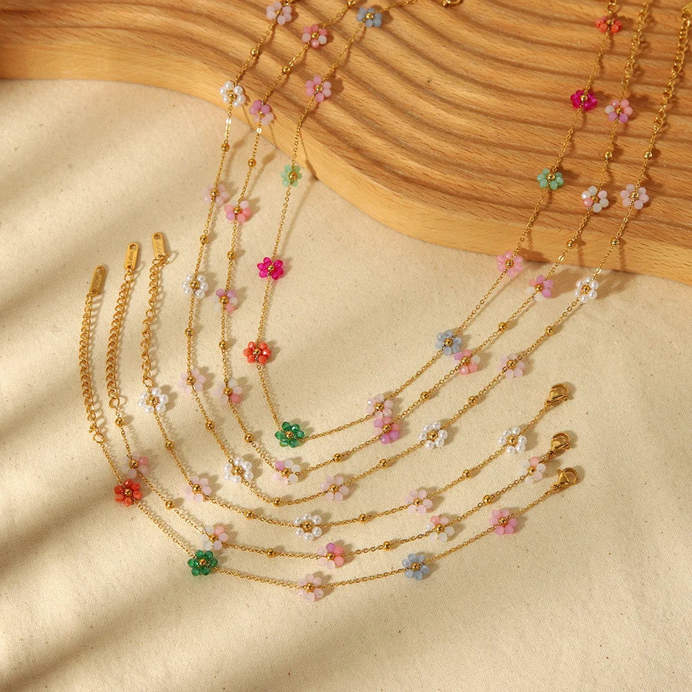 Chic Colorful Flower Choker Necklace Bracelet Anklet Set Hawaii 18k Gold Plated Cute Flower Jewelry Sets for Women Jewelry Gifts