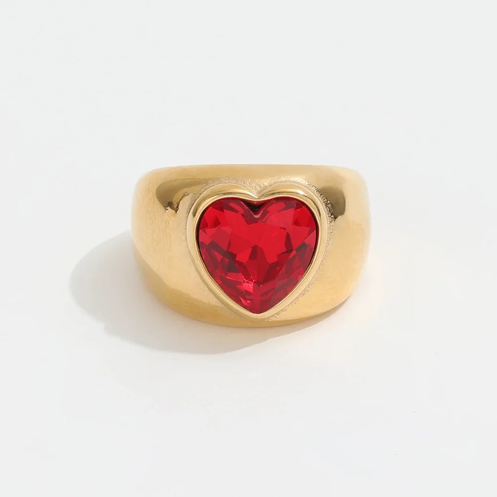 Fenny 18K Gold Plated Wholesale Non Tarnish Cute Ruby Heart Shaped Diamond Stainless Steel Finger Ring Trendy for Women