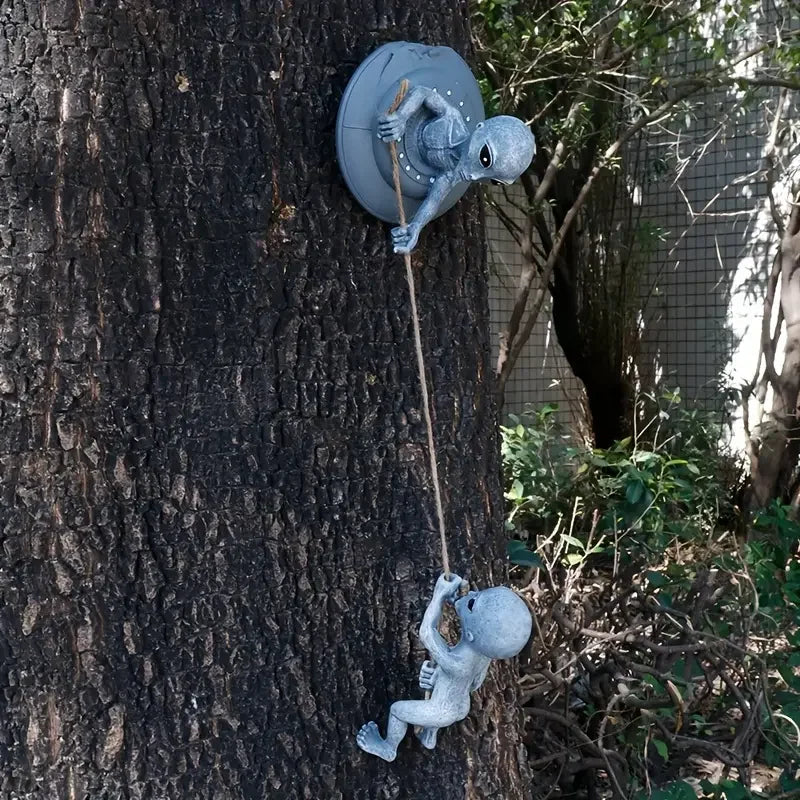 Alien Adventure Resin Bookends Set with UFO Base and Rope Climbing SceneGray Extraterrestrial Figurines Hanging From Tree Trunk