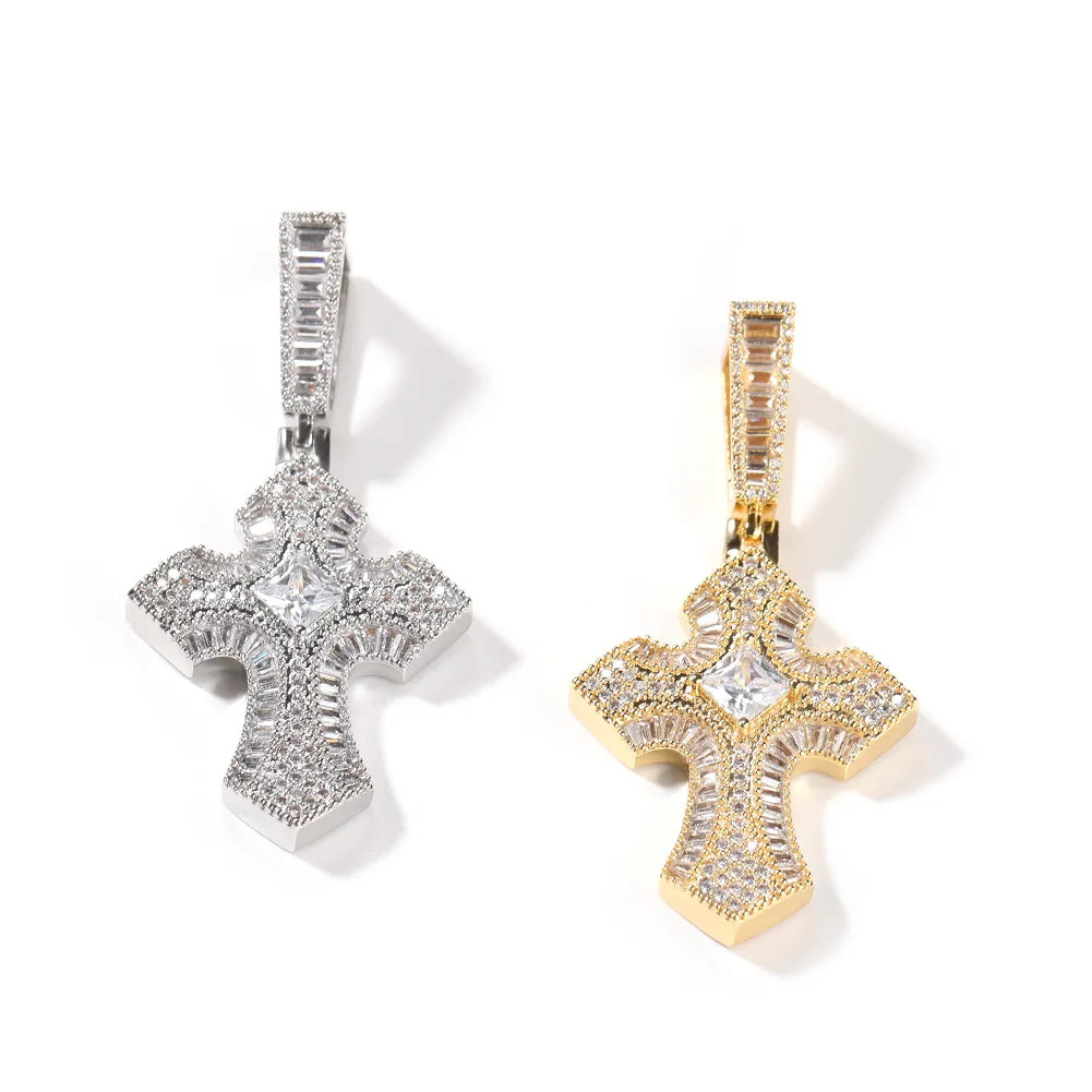 2023 Cheap Colored Zircon baguette Diamond Dainty Rose Gold Cross Charm Pendant Necklace Jewelry for Women 18k Gold