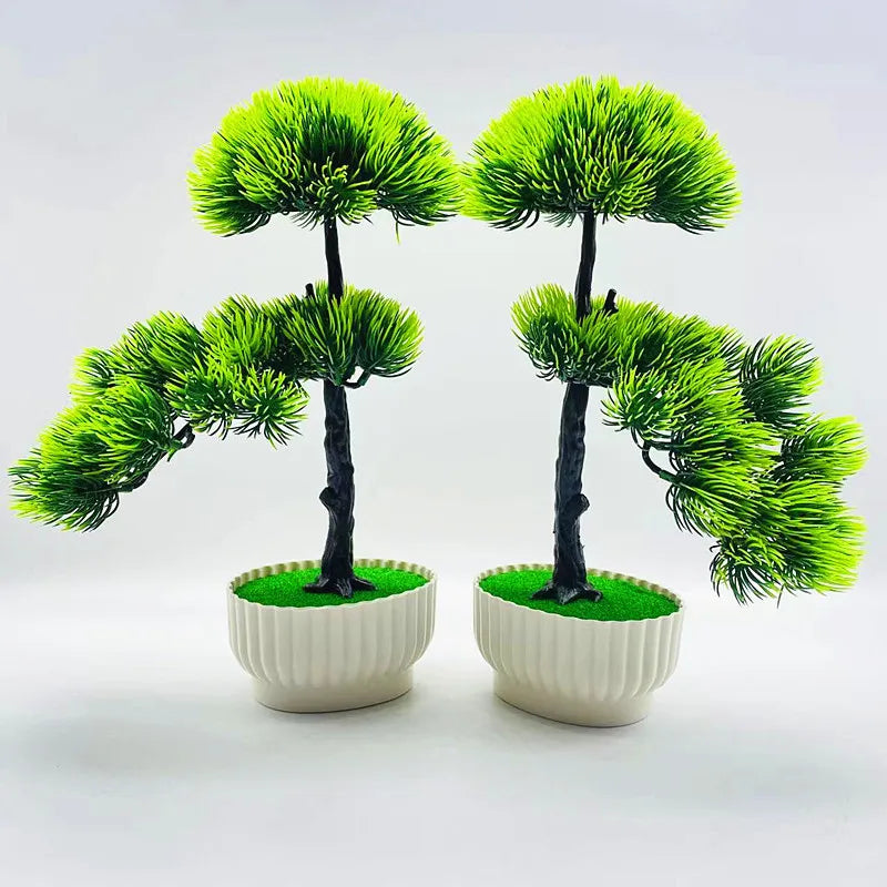 I841 Green Welcome Pine Bonsai Artificial Potted Plants Home Office Table Centerpieces