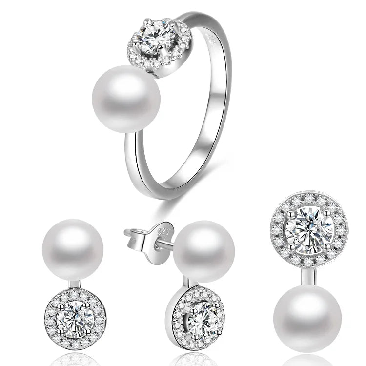 925 Sterling Silver Pearl Jewelry Set Aaa Cubic Zirconia Freshwater Pearl White Gold Jewelry Sets Women