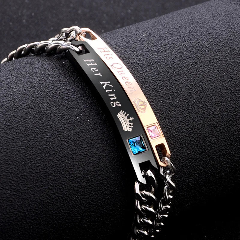 1Pair His Queen Her King Black Rose Gold Color Women Men Chain Crystal Couple Bracelet for Lover Hands Jewelry