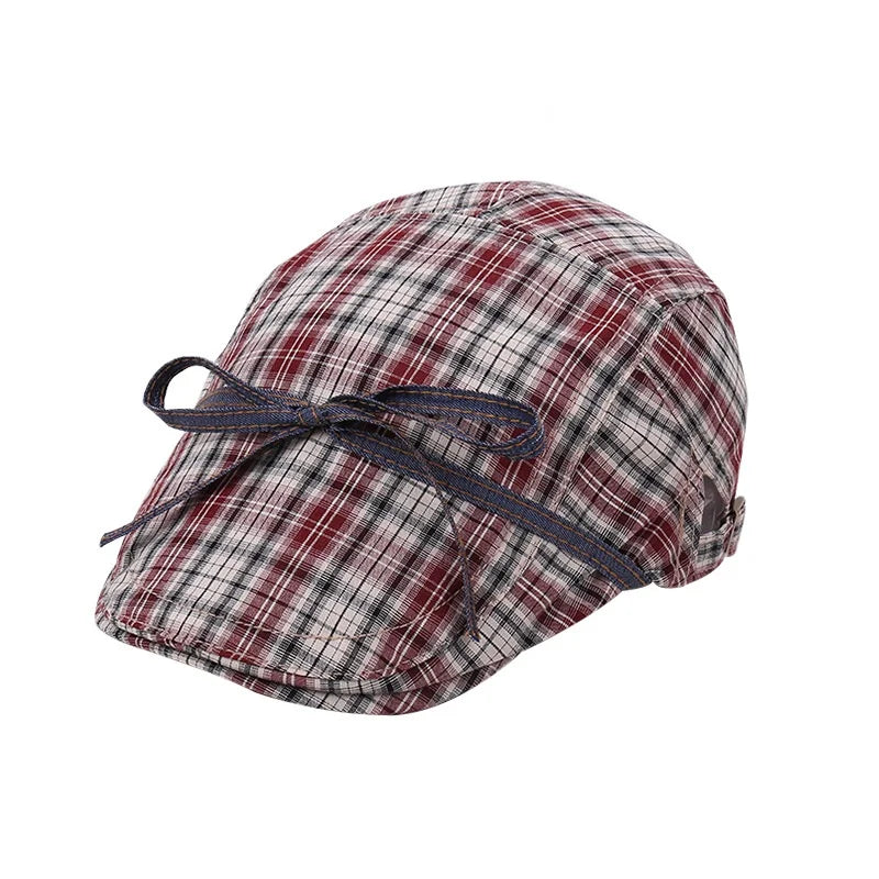 Stock Bowknot Tie Plaid Flat Beret Cap Girls Cotton Peaked Newsboy Cap Flat Ivy Gatsby Newsboy Driving Hat Cap