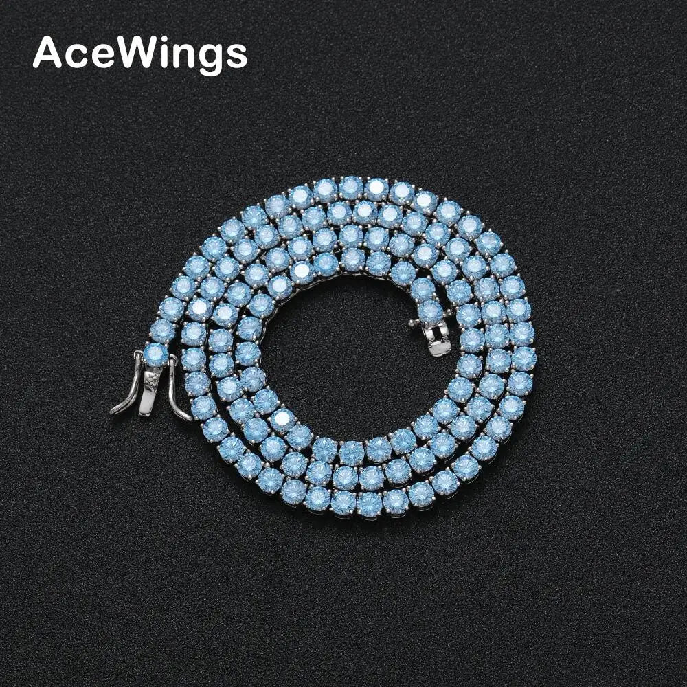 BC202  4mm 16" 18" 20" Sea Blue Brass CZ Tennis Chain  Necklace Hip Hop Bling Jewelry Zircon Tennis Chain Iced Out