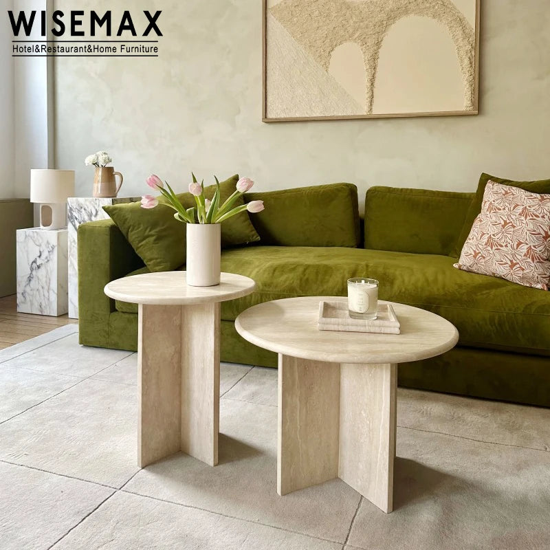 WISEMAX FURNITURE Italian Light Luxury Marble Side Table Round Natural Travertine Top Coffee Table for Home Living Room