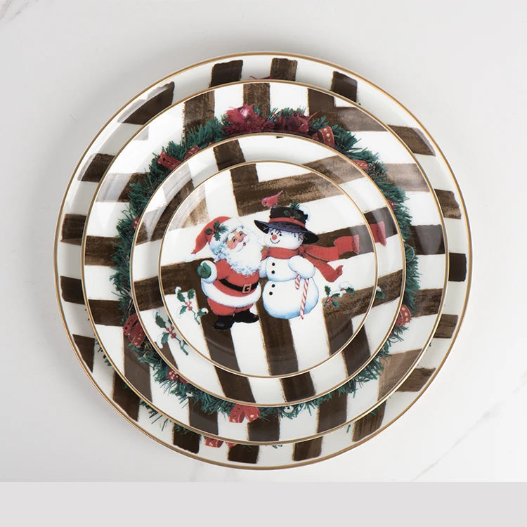 Plate Christmas Holiday Party Snowman Printed Ceramic Dinnerware Set