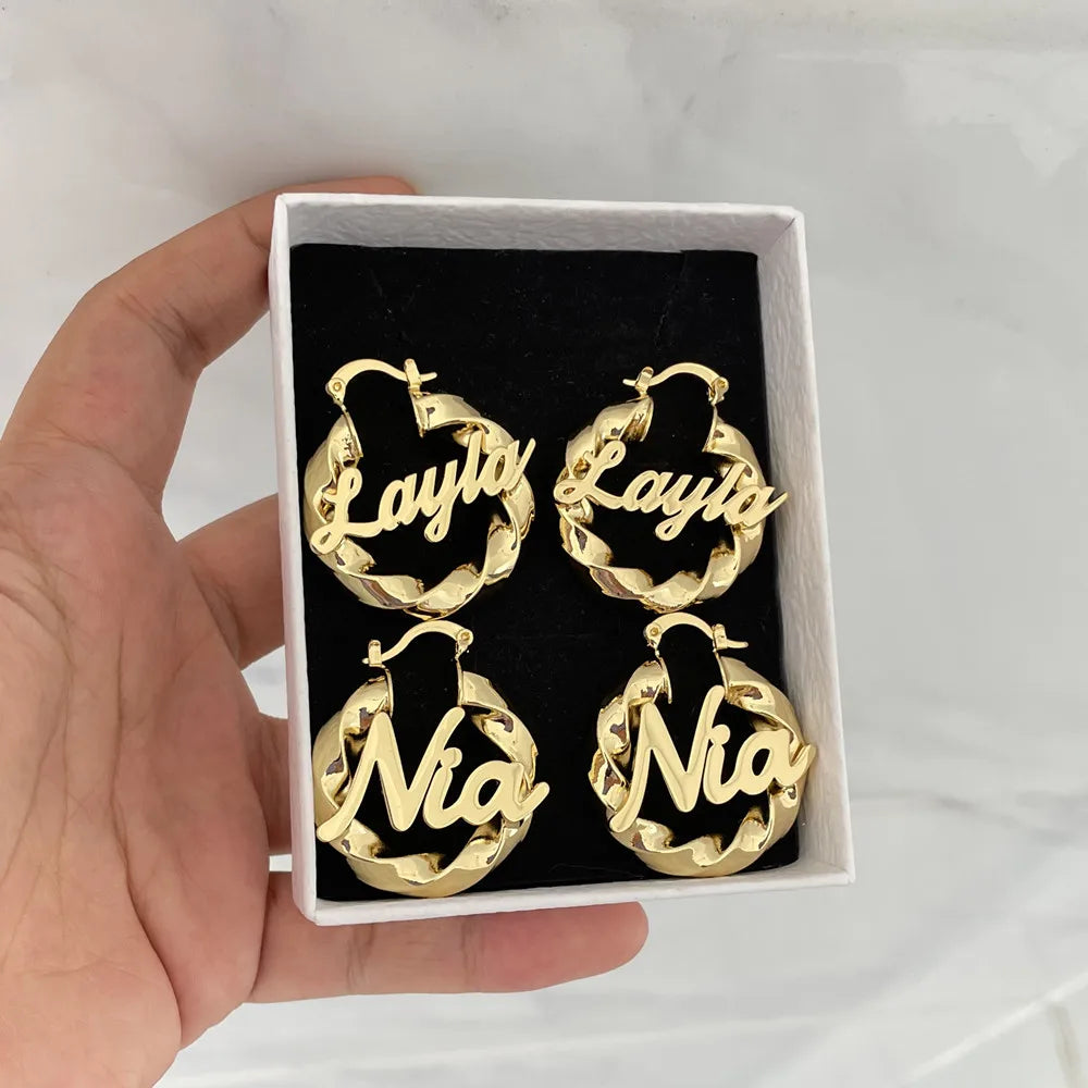 QIUHAN Personalized Stainless Steel Nameplate Hoop Earrings for Girls Custom Name Earrings