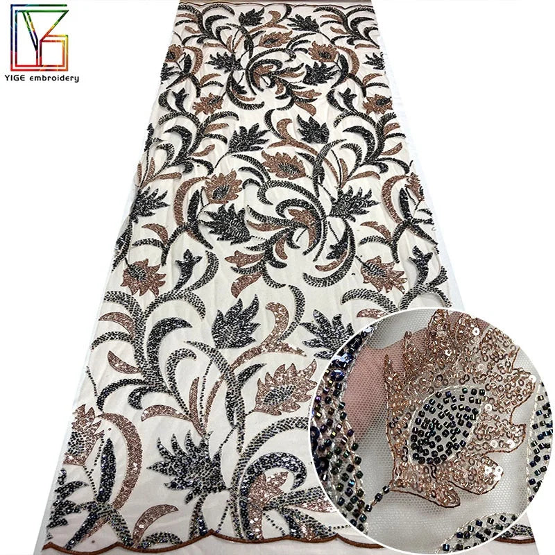 New Design Mesh Gauze Bead Sequin Embroidery Cloth Luxury European Style Rose Gold Bridal Beads Lace Tulle Fabrics