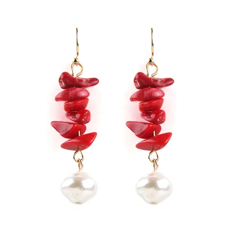 JH Wholesale Classic Trend Women Dangling Chip Shell Gemstone Irregular Pearl Drop Earring