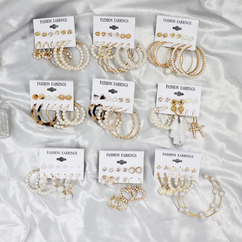 6-piece Set of Personalized Metal Creative love Pin butterfly  Pearl Large Hoop Earrings Set