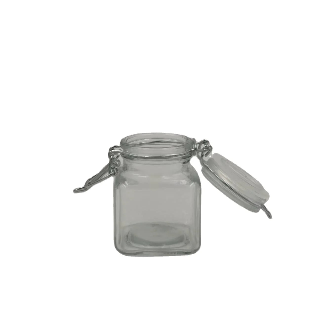 Factory 100ml Square Glass Jar with Metal Clip and Easy Open End for Snacks Minimum Order 100pcs Packaged in Carton
