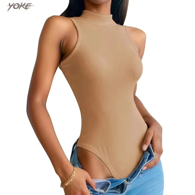 Yoke Women Sleeveless Compression High Neck Comfort Ribbed Tummy Control Bodysuit