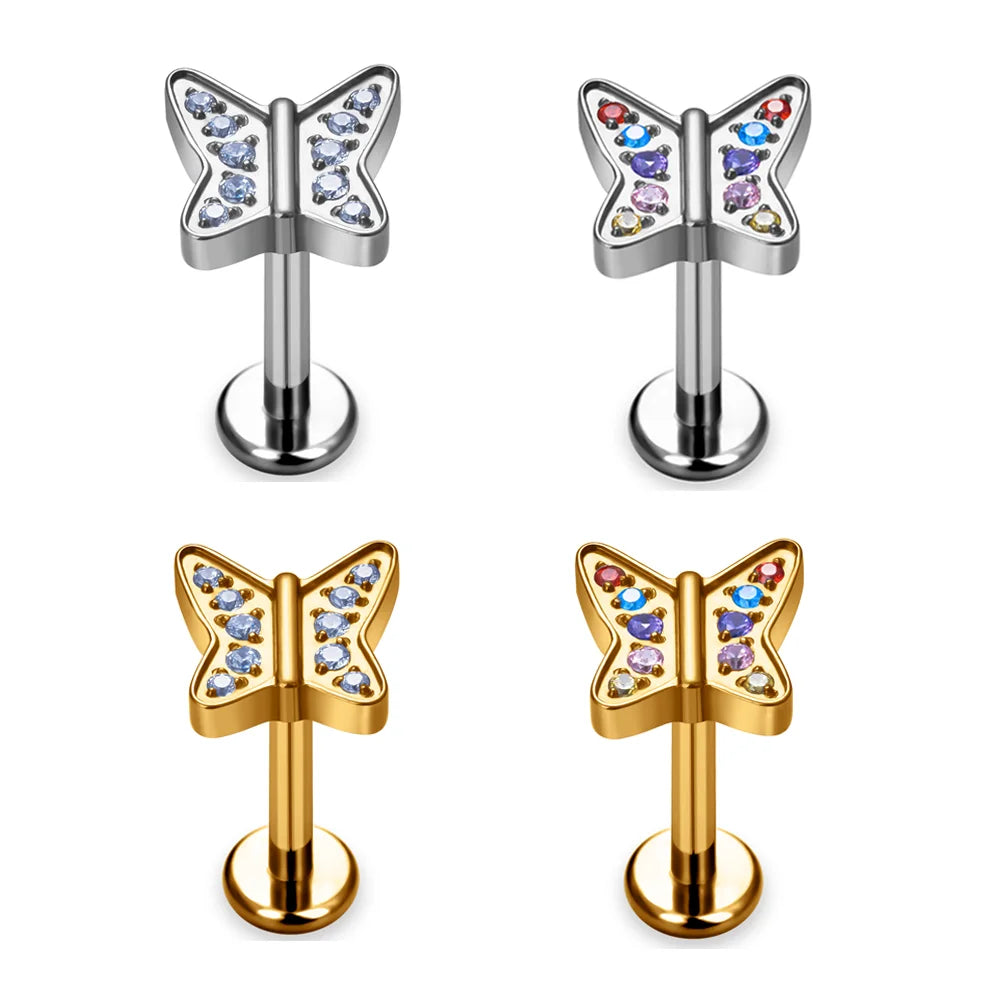 G23 ASTM F136 Titanium Labret Piercing Earrings butterfly Shaped 16G CZ Punk Style Tragus Cartilage Body Piercing Jewelry